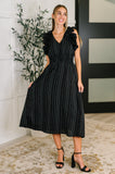 Pinstripe Romance V-Neck Ruffle Sleeve Dress in Black