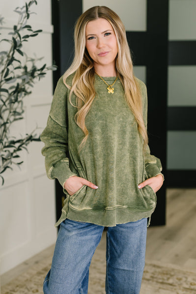 Safe and Secure Mineral Wash Pullover in Light Olive
