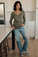 On a Roll Ribbed Knit V Neck Long Sleeve Top