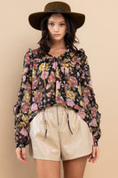 Ces Femme Ruffle Trim Long Sleeve Floral Blouse