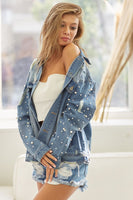 BiBi Pearl Detail Distressed Button Up Denim Jacket